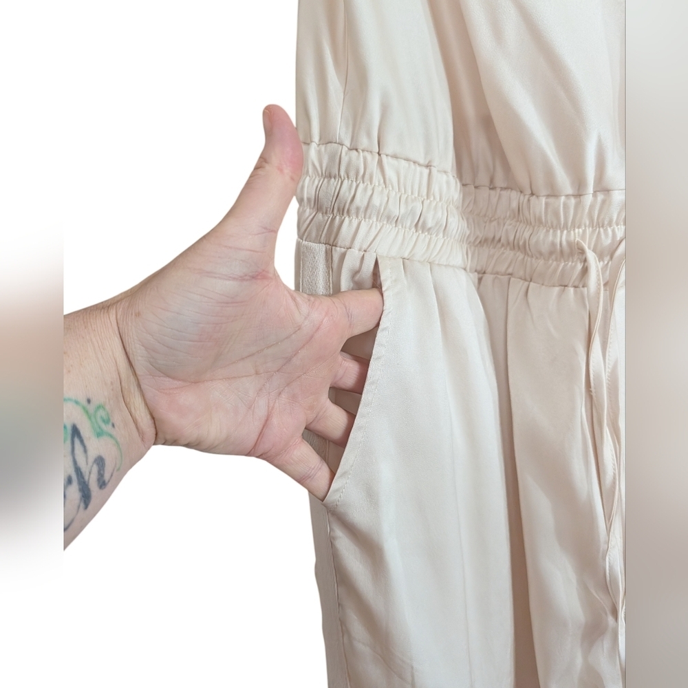 Promesa Champagne Satin Cargo Jumpsuit XL | Cowl Neck Elastic Waist Pockets - Picture 5 of 13